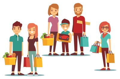 Woman and man going shopping with bags vector people set