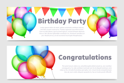 Birthday party banners with celebration rainbow balloons vector set