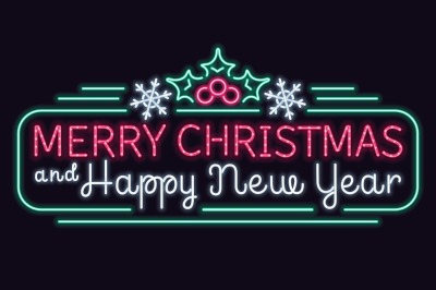 Neon lights merry christmas and happy new year vector sign