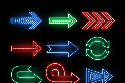 Retro neon direction arrow vector signs, icons