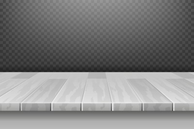 Wood white desk&2C; table top surface in perspective isolated on plaid ba