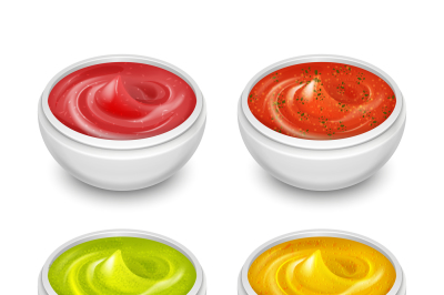 Different gourmet sauces, mustard, ketchup, soy, marinade in white sma