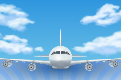 Realistic plane&2C; aircraft&2C; airplane in sky with white clouds vector tr