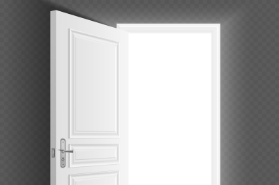 Open white entrance door. Business success vector concept background