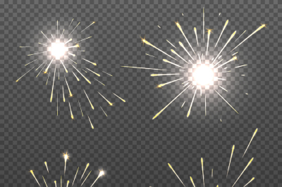 Magic spark effects, burning bengal lights, sparkler fire vector set