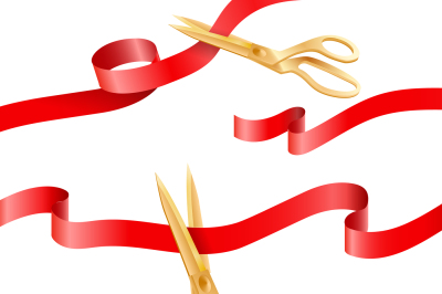 Golden scissors cutting ceremony silk ribbons vector elements for open