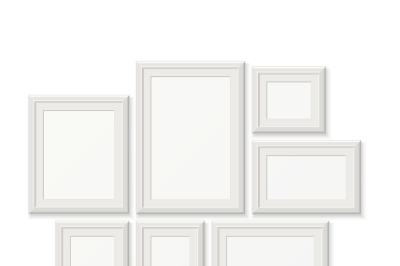 Empty white pocture frames, 3d photo borders isolated on wall