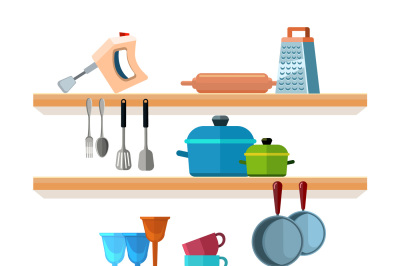 Kitchen shelves with cooking tools and hanging pots vector illustratio