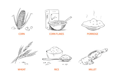 Doodle cereals groats, porridge, muesli, cornflakes, oat, rye, wheat, 