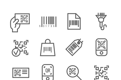 Bar and qr code scanning vector thin line icons