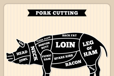 Pork, pig meat cutting vector vintage chart, cuts guide diagram