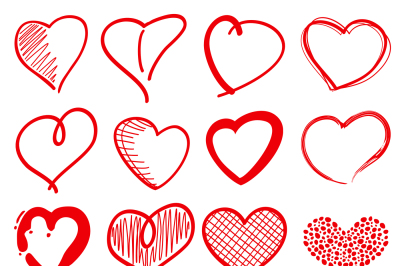 Hand drawn heart shapes, romance love doodle vector signs for holiday 