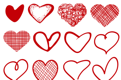 Vintage outline hand drawn sketchy vector hearts