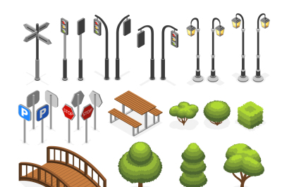 Urban city street miniature isometric vector objects, benches, trees, 