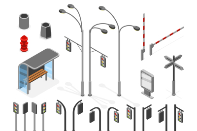 Isometric 3d street, road vector objects icons set