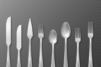 Vector realistic cutlery set, silver or steel fork, spoon, knife