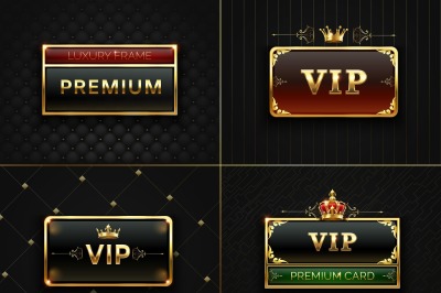 Golden Vip frame. Premium banner with gold insignia crown. Black luxur