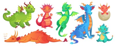 Fairy dragons. Funny fairytale dragon&2C; cute magic lizard with wings an