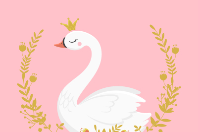 Cute swan princess. Beautiful lake swans bird in golden crown&2C; sweet p