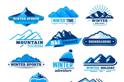 Snow mountain sign. Winter landscape logo, mountains symbol, ski or sn