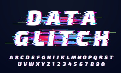 Glitch font. Digital glitched alphabet&2C; game screen letters and broken