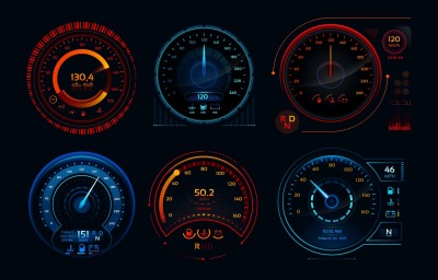 Futuristic car speedometer. Speed hud kilometer performance indicators