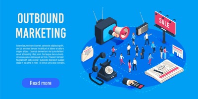 Outbound marketing isometric. Business market sales optimisation, corp