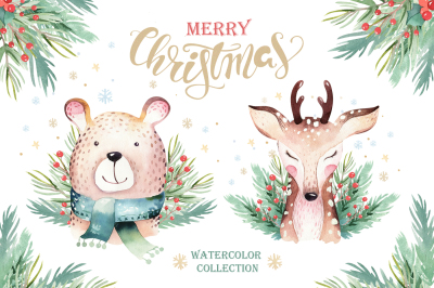 Watercolor Christmas animals