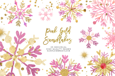 pink gold snowflakes clipart&2C; winter snowflakes clip art