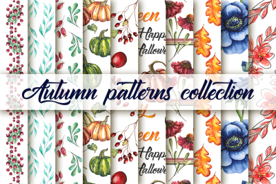 Watercolor collection of 20 autumn seamless patterns