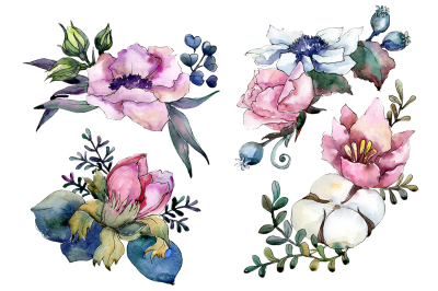 Elegant pink bouquet PNG watercolor set