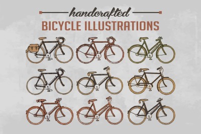 Handcrafted Vector 9 Different Bicycle illustrations