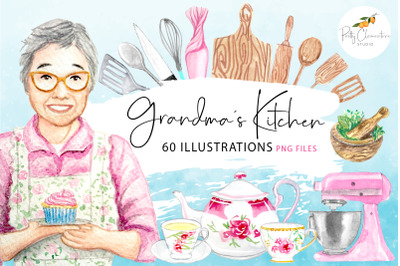 Grandma&#039;s Kitchen Baking Clipart | Watercolor Utensils