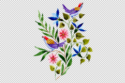 Ornament with birds PNG watercolor set