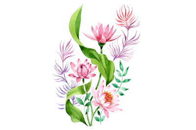 Ornament of pink lotus PNG watercolor set