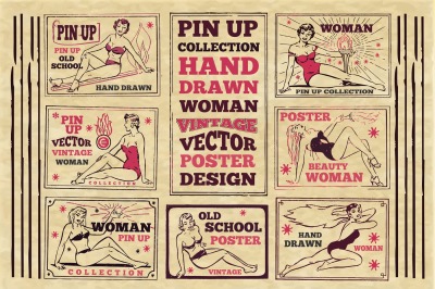 Vintage pin up poster collection with old style woman illustration