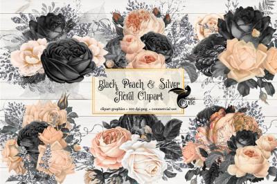 Black Peach and Silver Floral Clipart