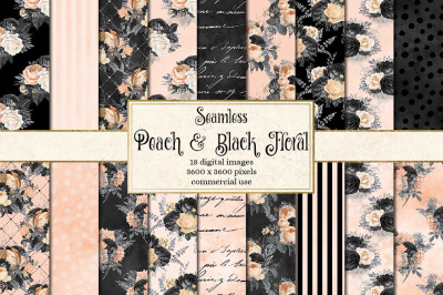 Peach and Black Floral Digital Paper