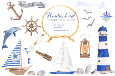 Nautical Watercolor clipart, seamless patterns