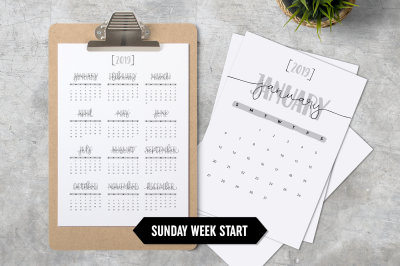 Calendar 2019 A4 Minimalistic Sunday Week Start