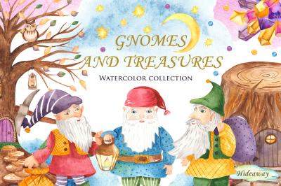 Gnomes and treasures. Crystals. Watercolor clipart