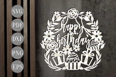  Birthday Card Papercut Cutting File&2C; Cupcake Clipart&2C; Floral PDF