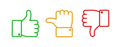 Thumbs up set. Green like red dislike and yellow undecided line icons.