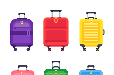 Luggage suitcase. Airport travel baggage colorful plastic suitcases wi