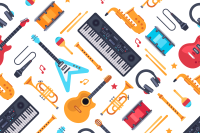 Musical instruments seamless pattern. Vintage piano synthesizer, rock 