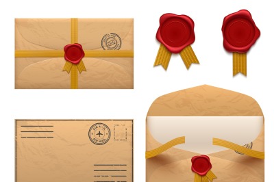 Vintage envelope. Retro envelopes letter with wax seal stamp, old mail