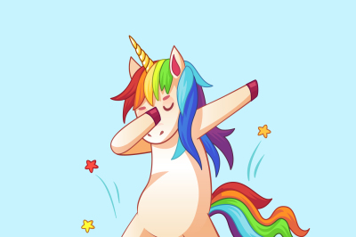 Dabbing unicorn. Dab dancing meme pose&2C; dreamy horse in cool glasses. 