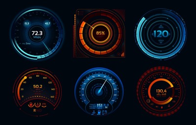 Speedometer indicators. Power meters, fast or slow internet connection