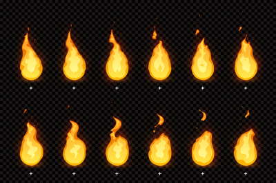 Fire animation. Flaming flame, fiery blaze and animated blazing fire f