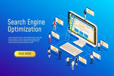 Isometric seo optimization. Website team computer optimizing. 3d seo w